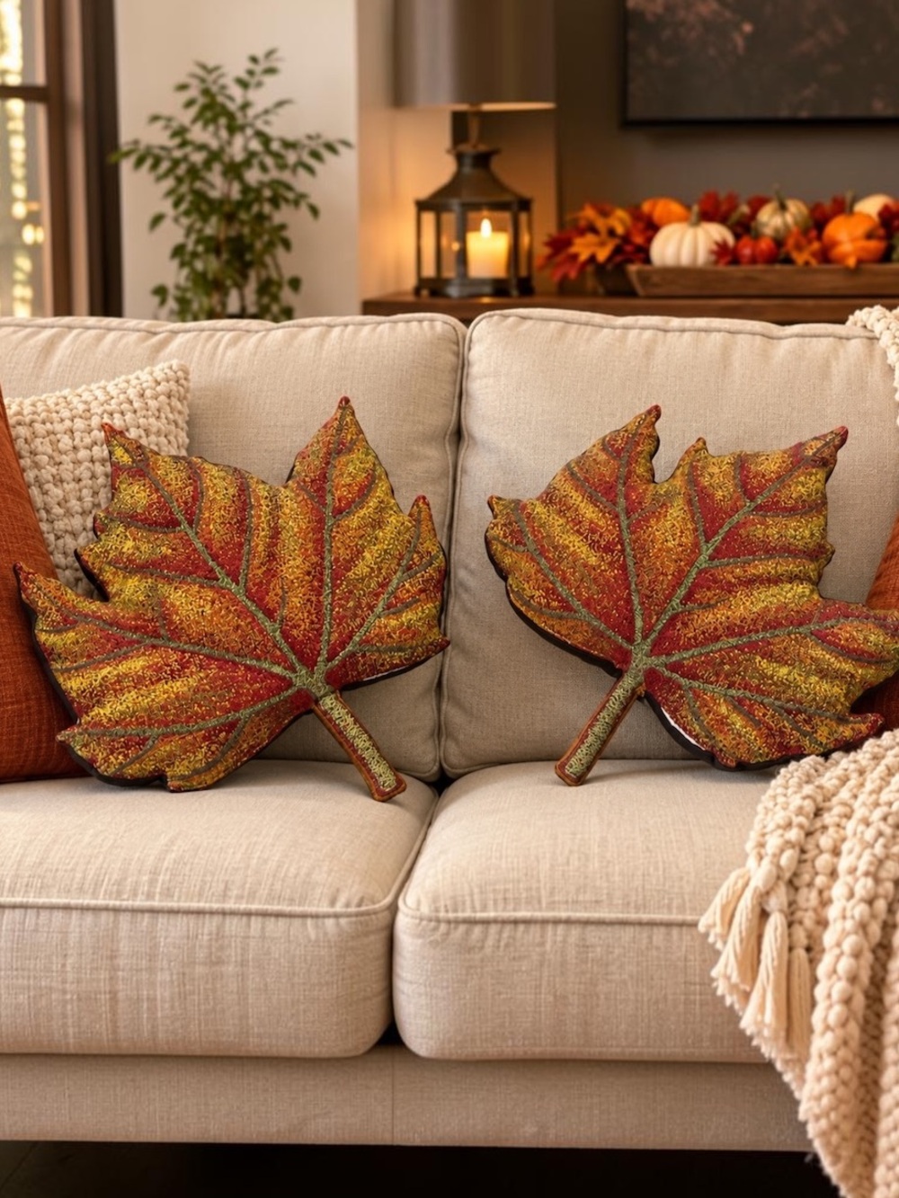 Set of 2 Maple Leaf Fall Thanksgiving Throw Pillows Autumn Cross Stitch Style